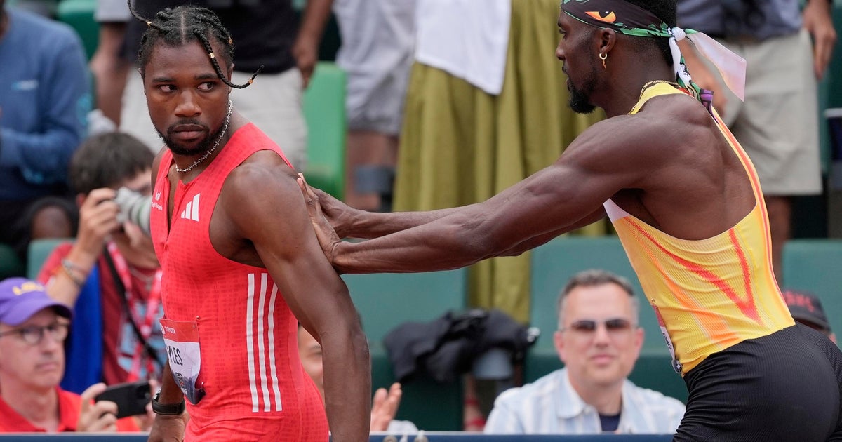 Noah Lyles shoved by Kenny Bednarek after winning 200 meters at U.S. nationals - CBS News
