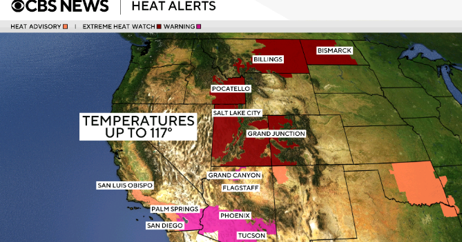 Temperatures forecast to reach up to 117 degrees in western heat wave - CBS News
